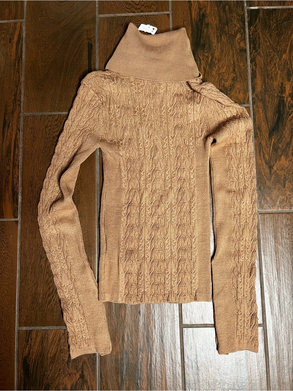 Free People XS Camel Cable Knit Turtleneck Sweater Fitted Long Sleeve Cozy Boho - Picture 4 of 4
